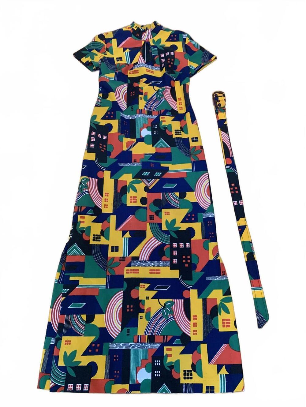 Vintage Colorful Geometric Print Maxi Dress with Belt